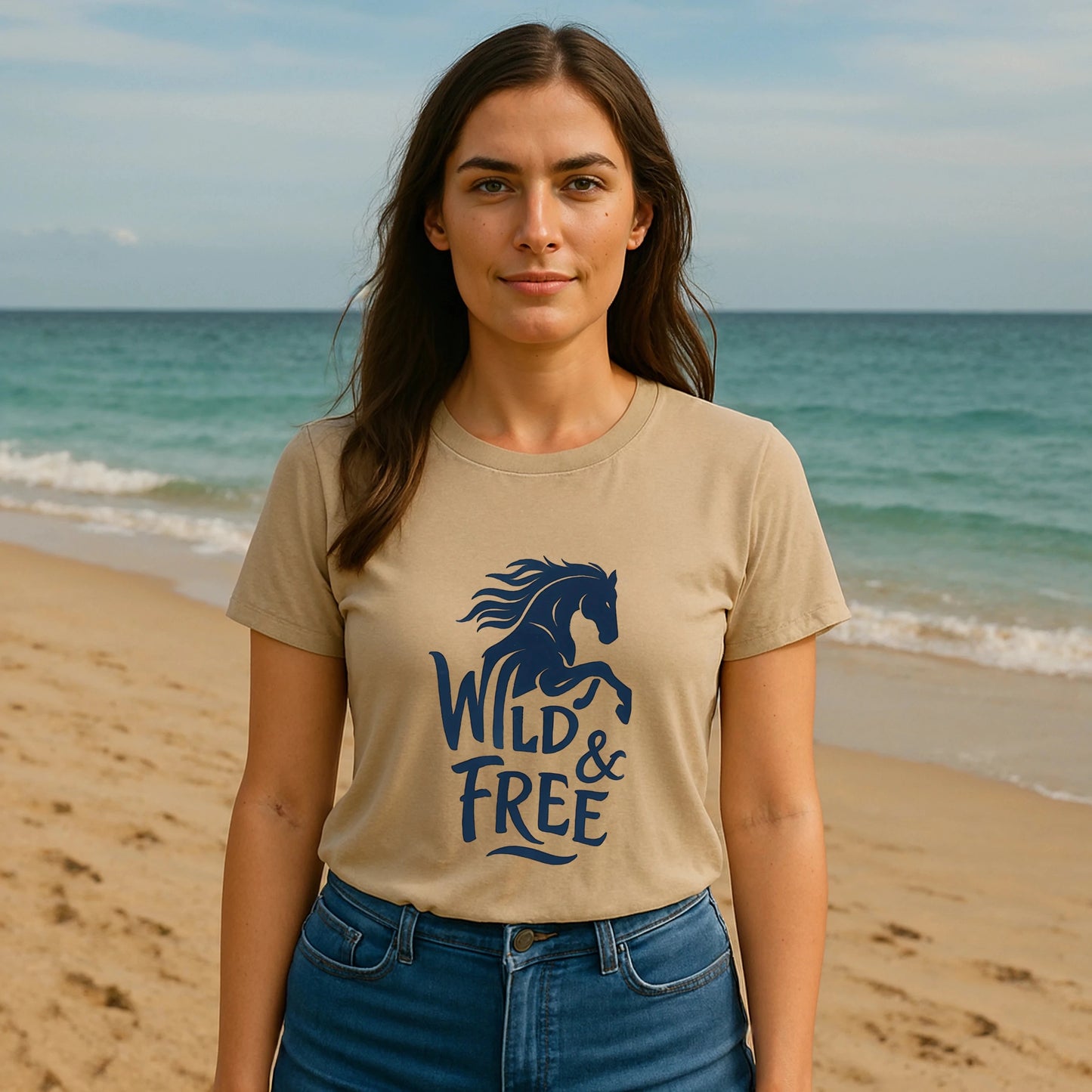 Wild And Free 100% Organic Cotton T-Shirt on model at beach, beige tee with Wild & Free graphic and horse print