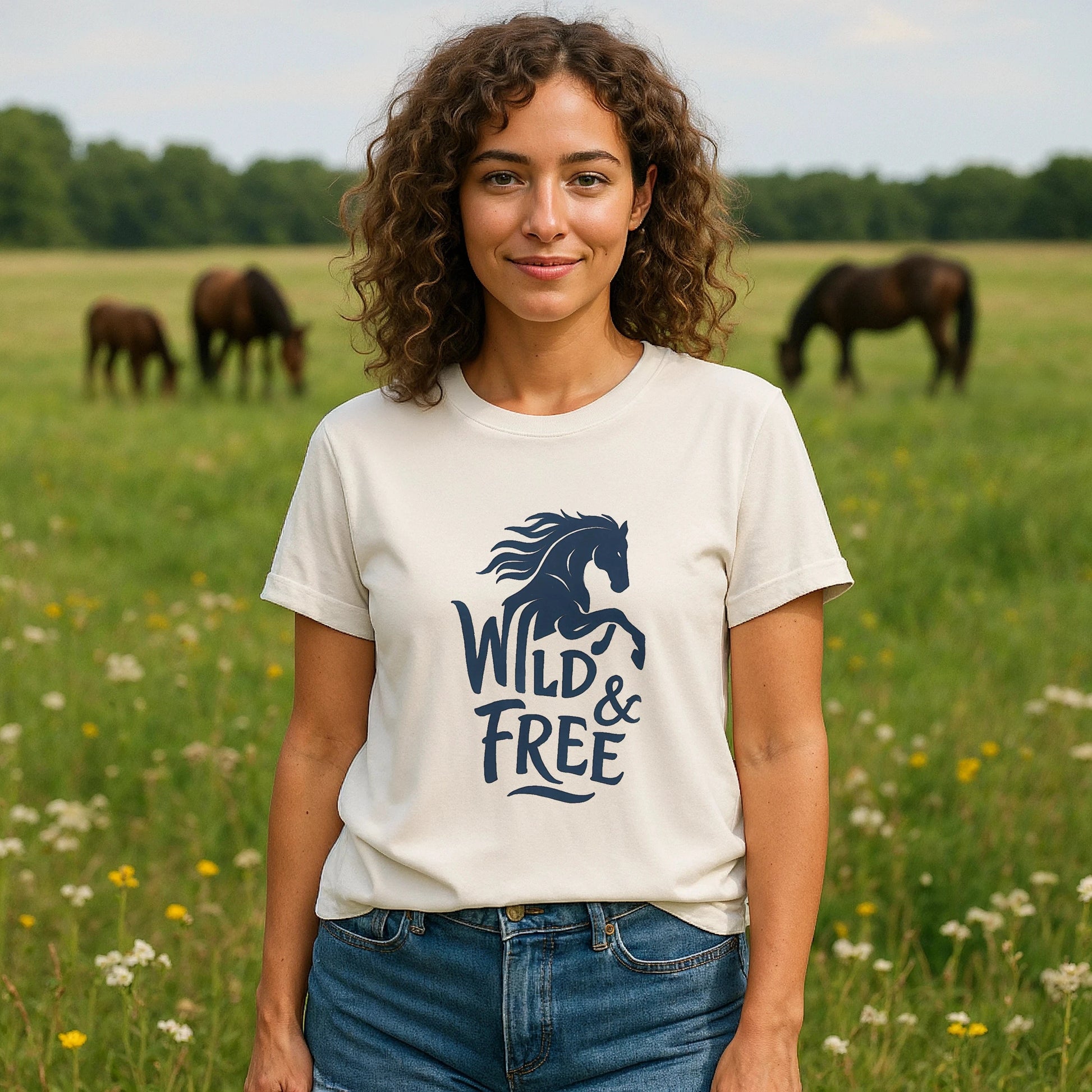 Alt Tag: Wild And Free 100% Organic Cotton T-Shirt worn by woman in a meadow, featuring Wild & Free horse graphic on front