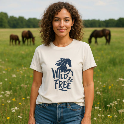 Alt Tag: Wild And Free 100% Organic Cotton T-Shirt worn by woman in a meadow, featuring Wild & Free horse graphic on front