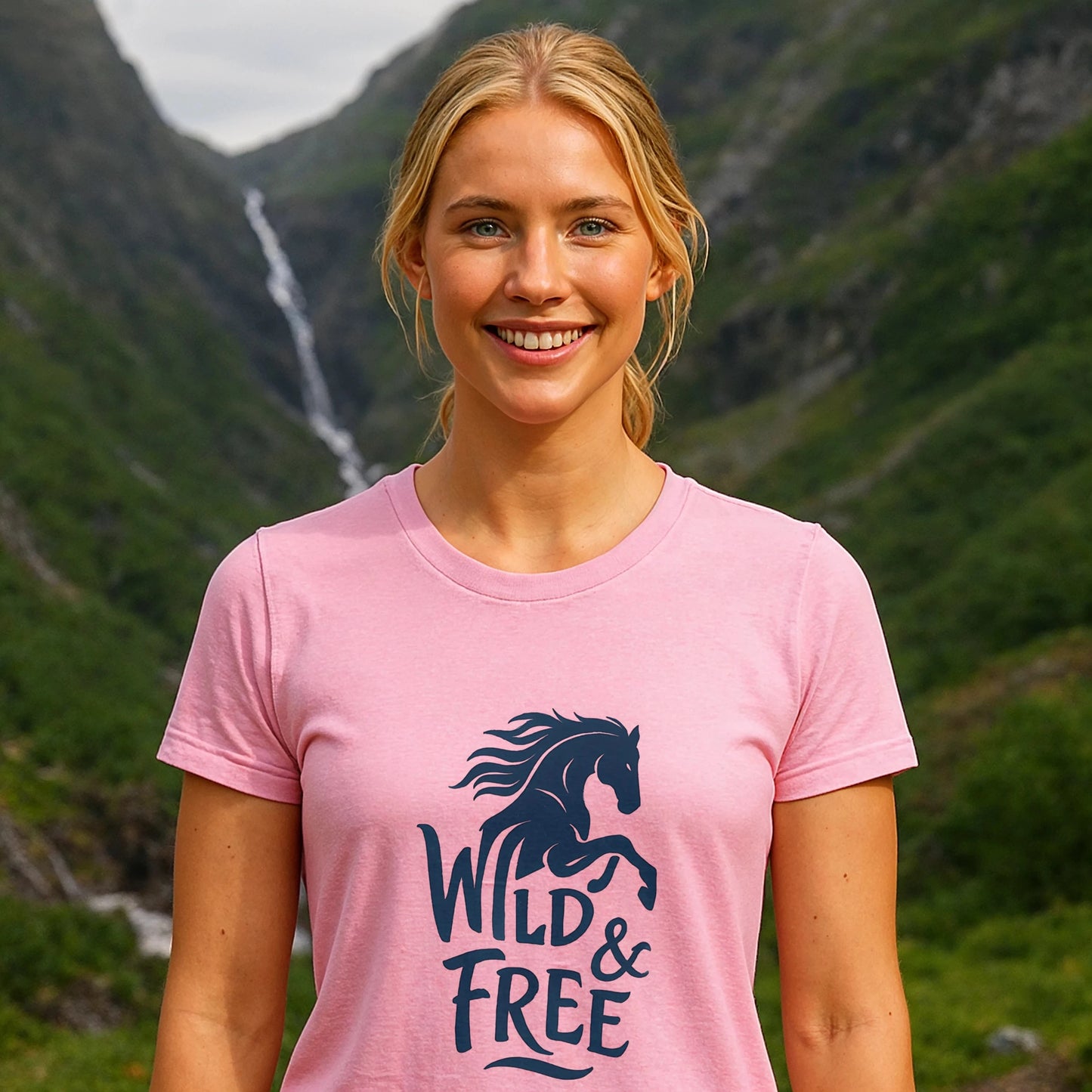 Alt Tag: Woman wearing Wild And Free 100% Organic Cotton T-Shirt in pink with horse graphic, outdoors in mountain valley