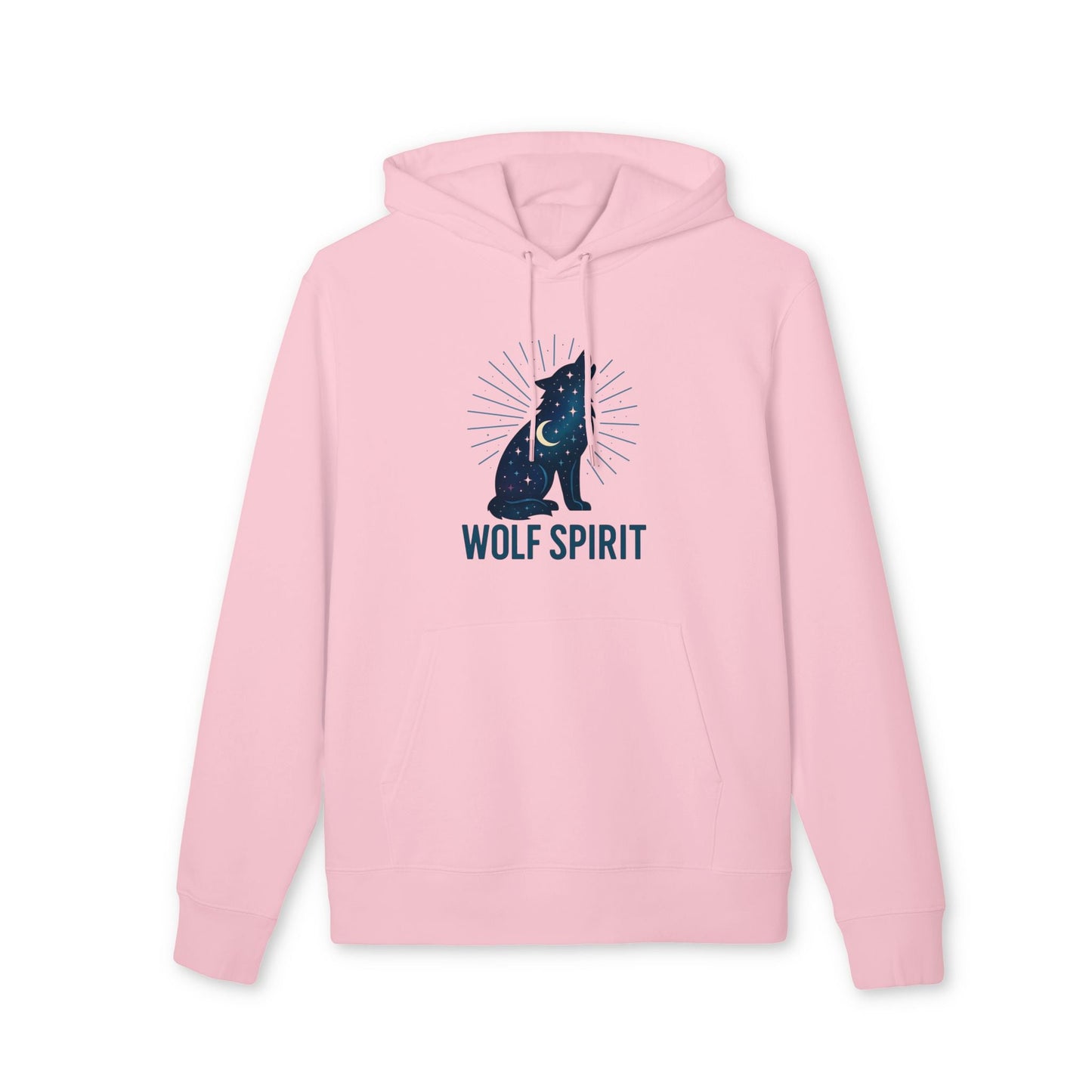 Alt Tag: Wolf Spirit Sustainable Unisex Hoodie rosa con capucha y cordón, estampado de lobo y texto WOLF SPIRIT en el frente