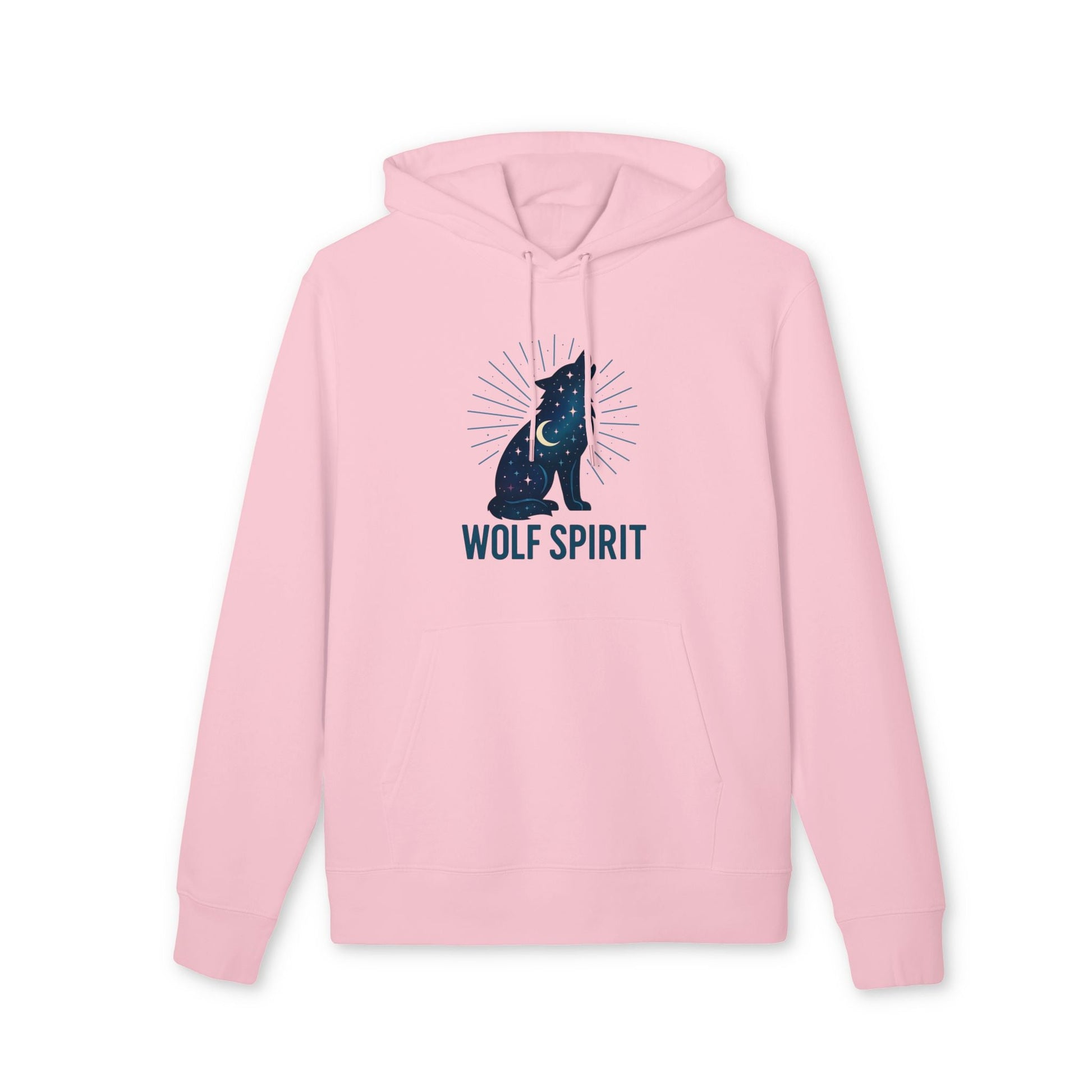 Alt Tag: Wolf Spirit Sustainable Unisex Hoodie rosa con capucha y cordón, estampado de lobo y texto WOLF SPIRIT en el frente