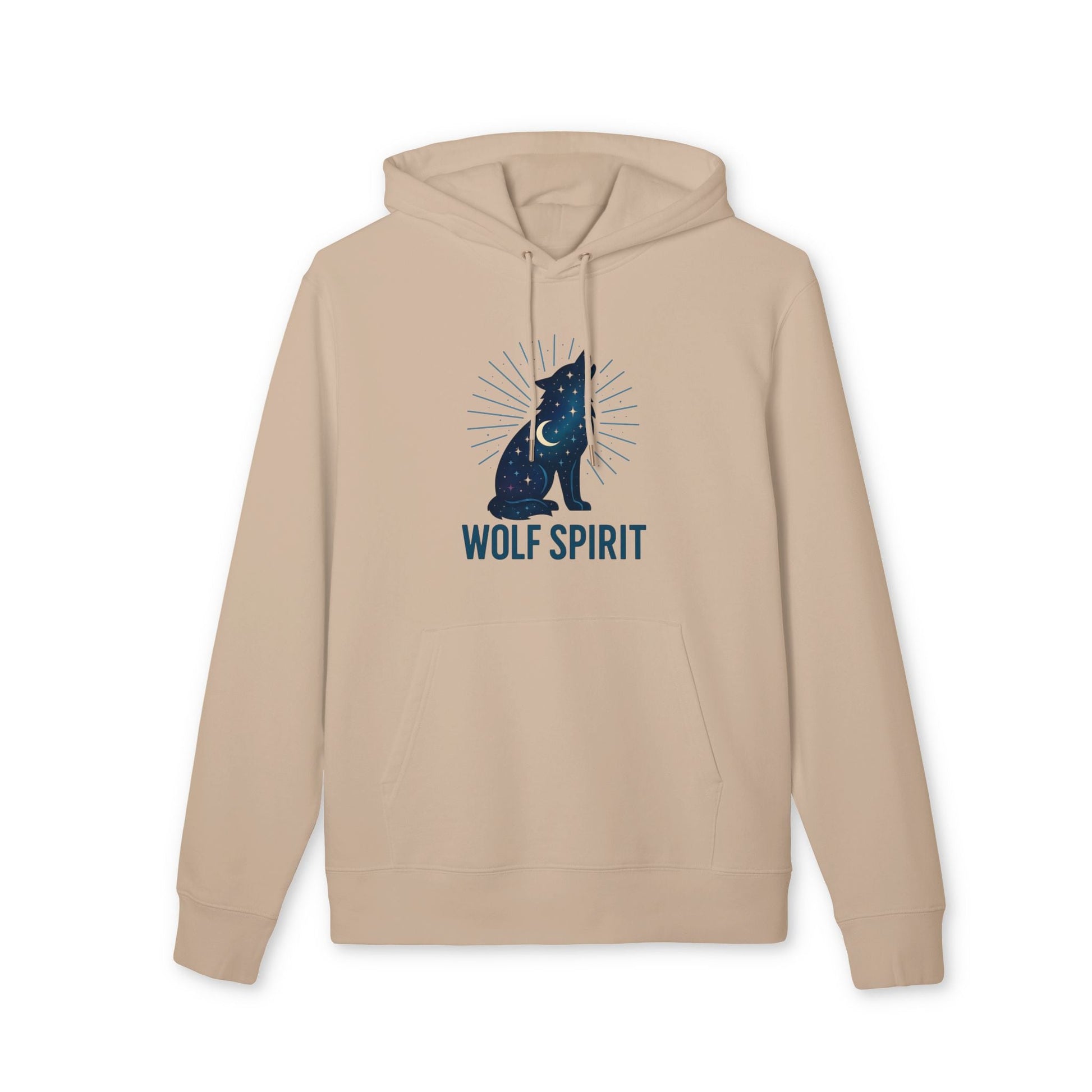 Alt Tag: Wolf Spirit Sustainable Unisex Hoodie de algodón orgánico beige con capucha, estampado lobo “WOLF SPIRIT” en el pecho