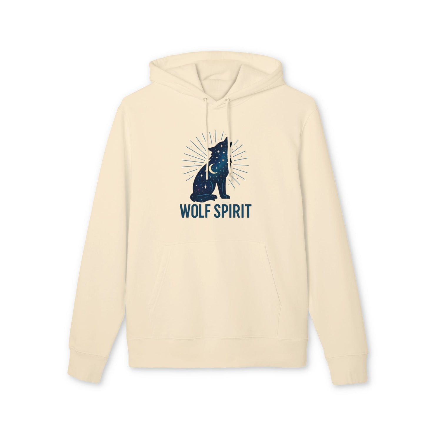 Alt Tag: Wolf Spirit Sustainable Unisex Hoodie crema con capucha, estampado lobo y texto “WOLF SPIRIT” en el pecho