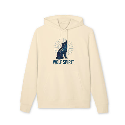 Alt Tag: Wolf Spirit Sustainable Unisex Hoodie crema con capucha, estampado lobo y texto “WOLF SPIRIT” en el pecho