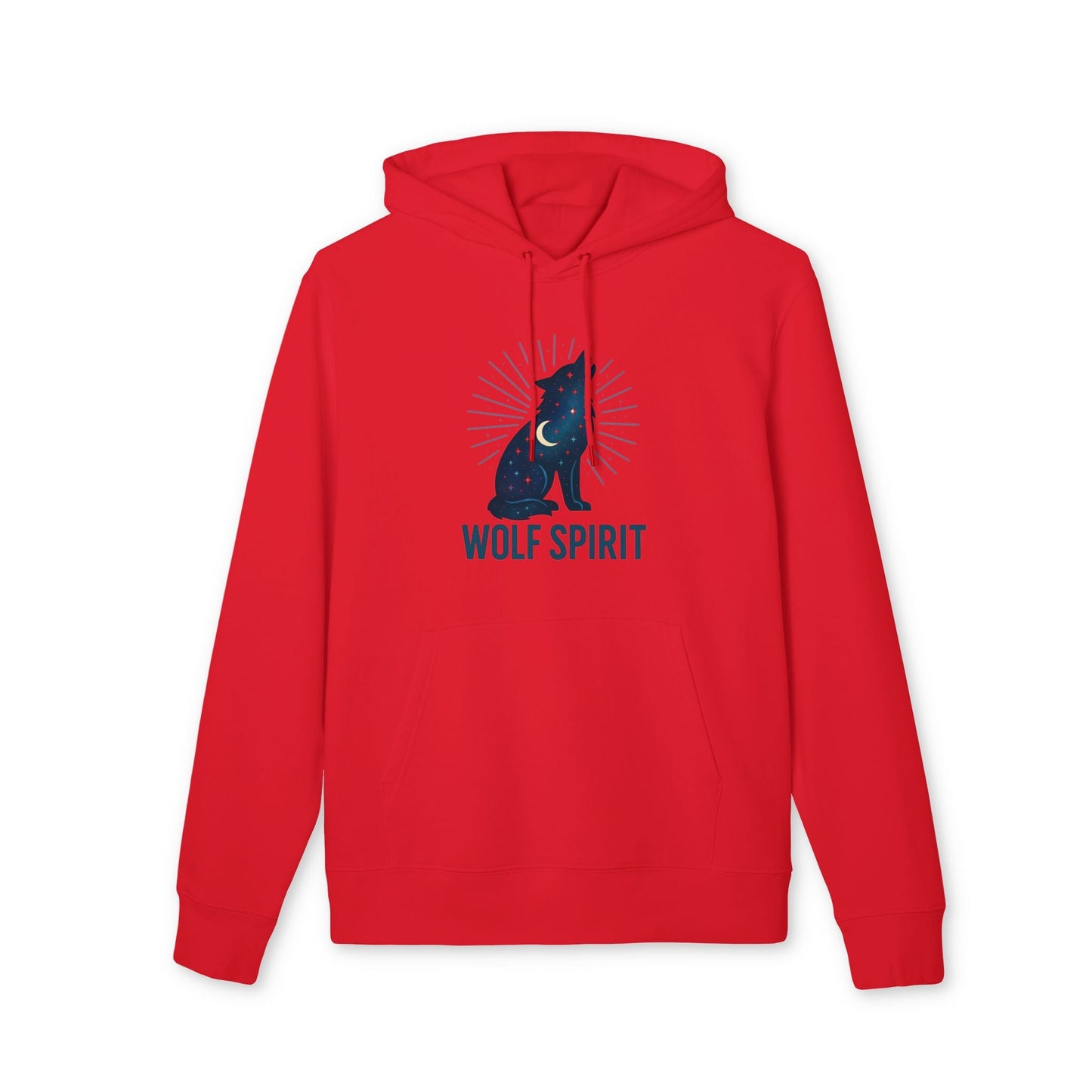 Wolf Spirit Sustainable Unisex Hoodie red pullover hoodie with wolf graphic and "WOLF SPIRIT" text, front view
