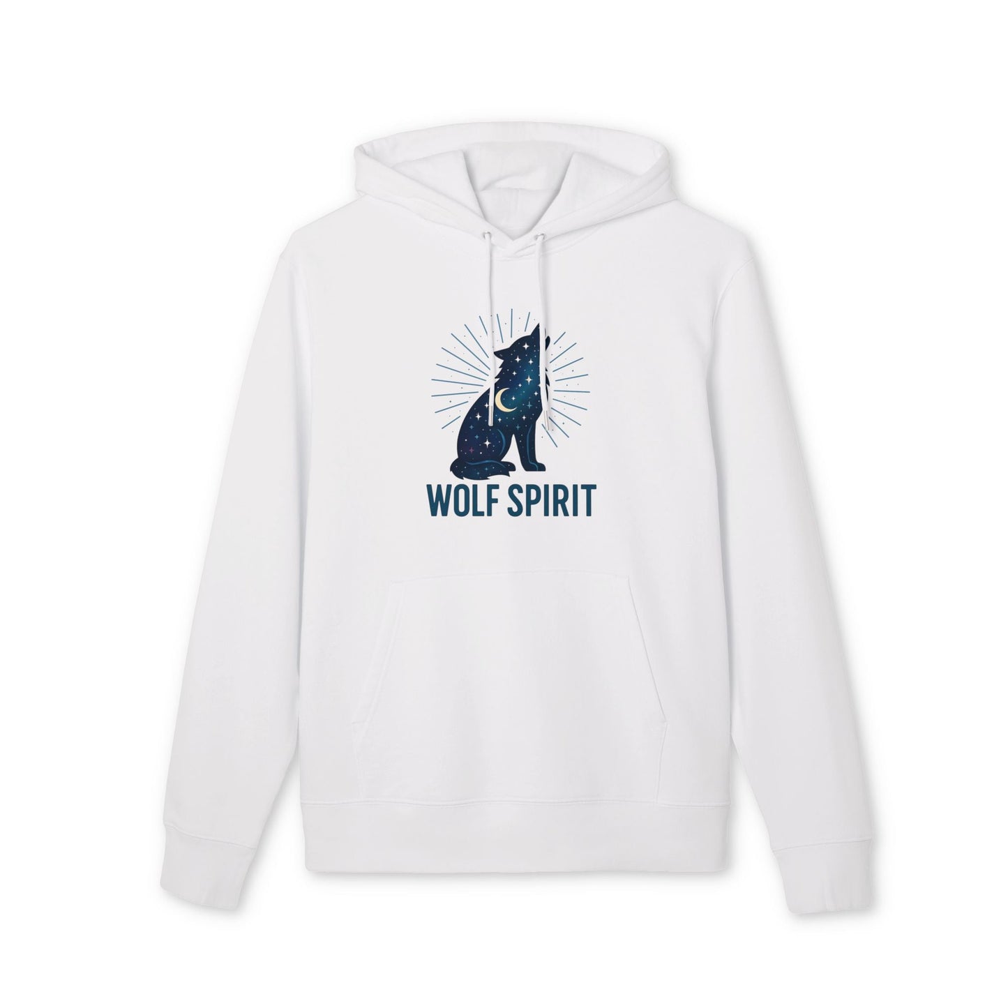 Alt Tag: Wolf Spirit Sustainable Unisex Hoodie blanca de algodón orgánico con capucha y cordones, diseño de lobo y texto “WOLF SPIRIT”