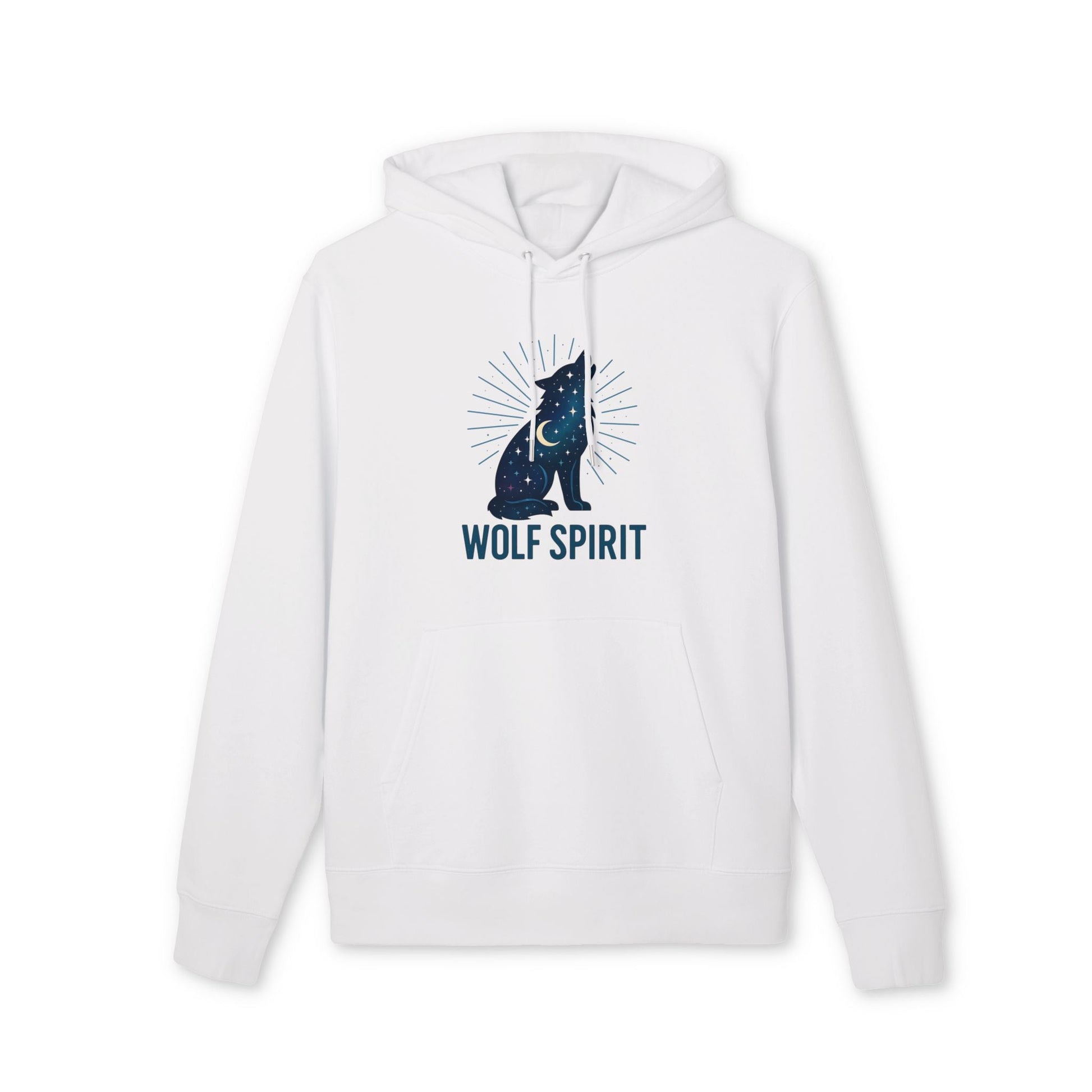 Alt Tag: Wolf Spirit Sustainable Unisex Hoodie blanca de algodón orgánico con capucha y cordones, diseño de lobo y texto “WOLF SPIRIT”