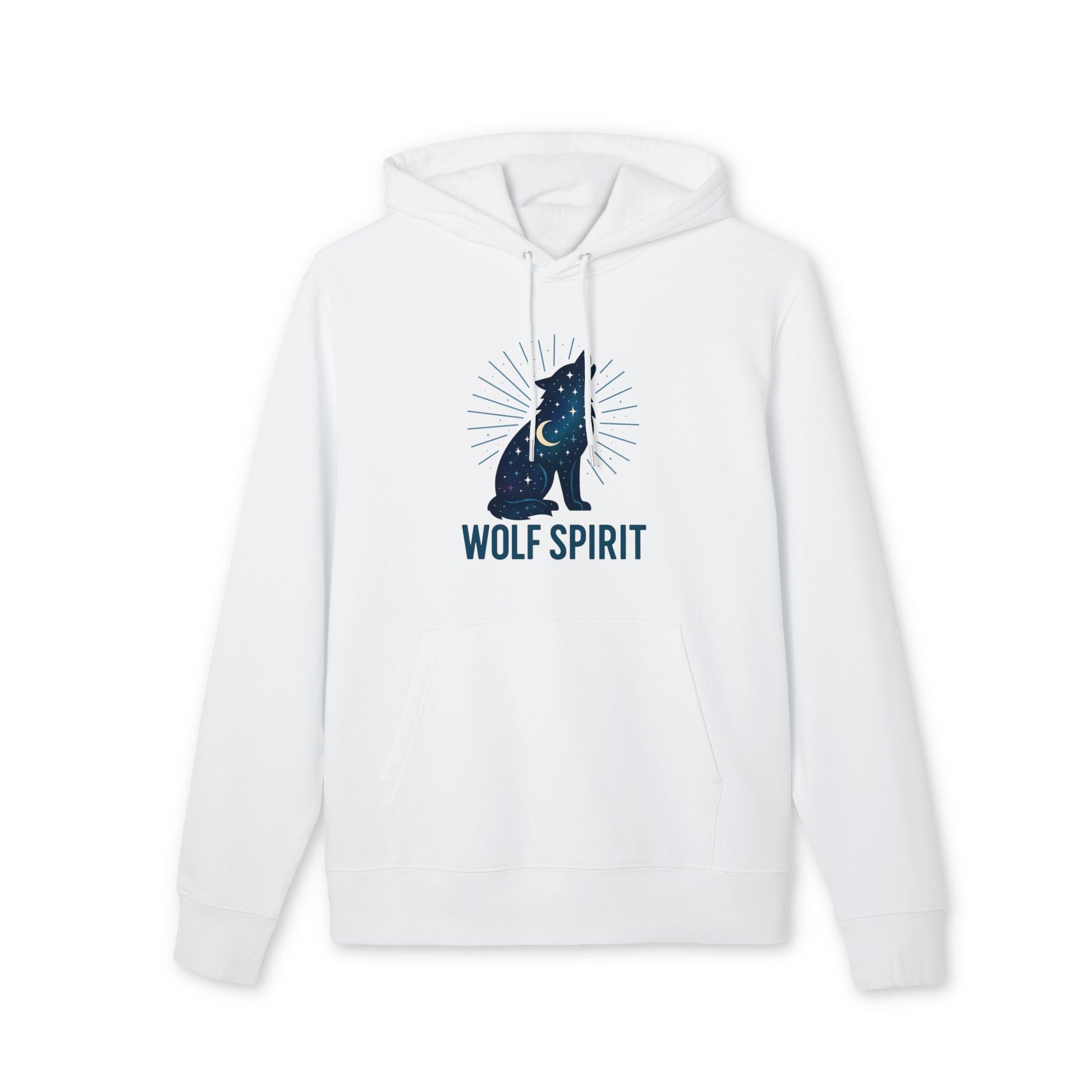 Alt Tag: Wolf Spirit Sustainable Unisex Hoodie blanco con capucha y cordones, estampado lobo “WOLF SPIRIT” en el pecho