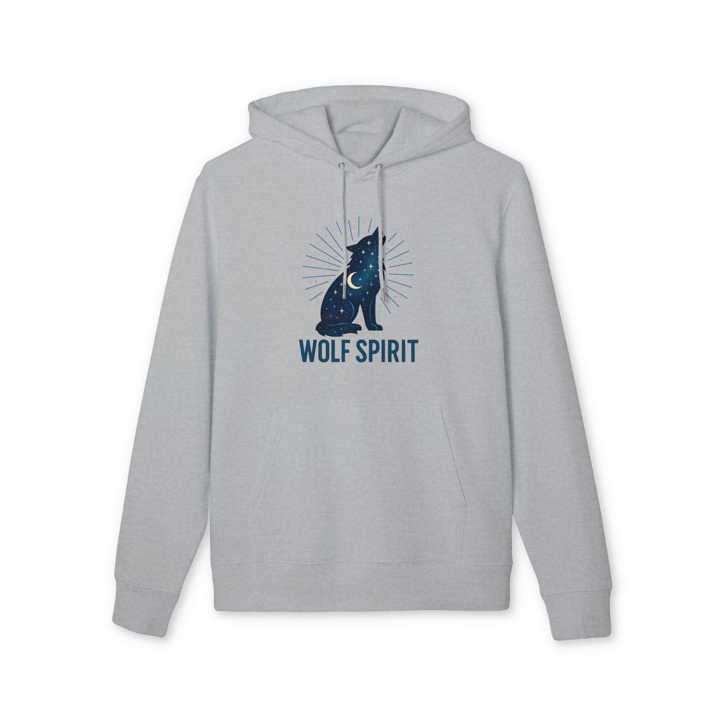 Wolf Spirit Sustainable Unisex Hoodie in light gray, pullover hoodie with wolf graphic and "WOLF SPIRIT" text on front