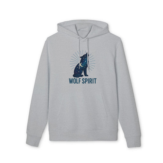 Wolf Spirit Sustainable Unisex Hoodie in light gray, pullover hoodie with wolf graphic and "WOLF SPIRIT" text on front