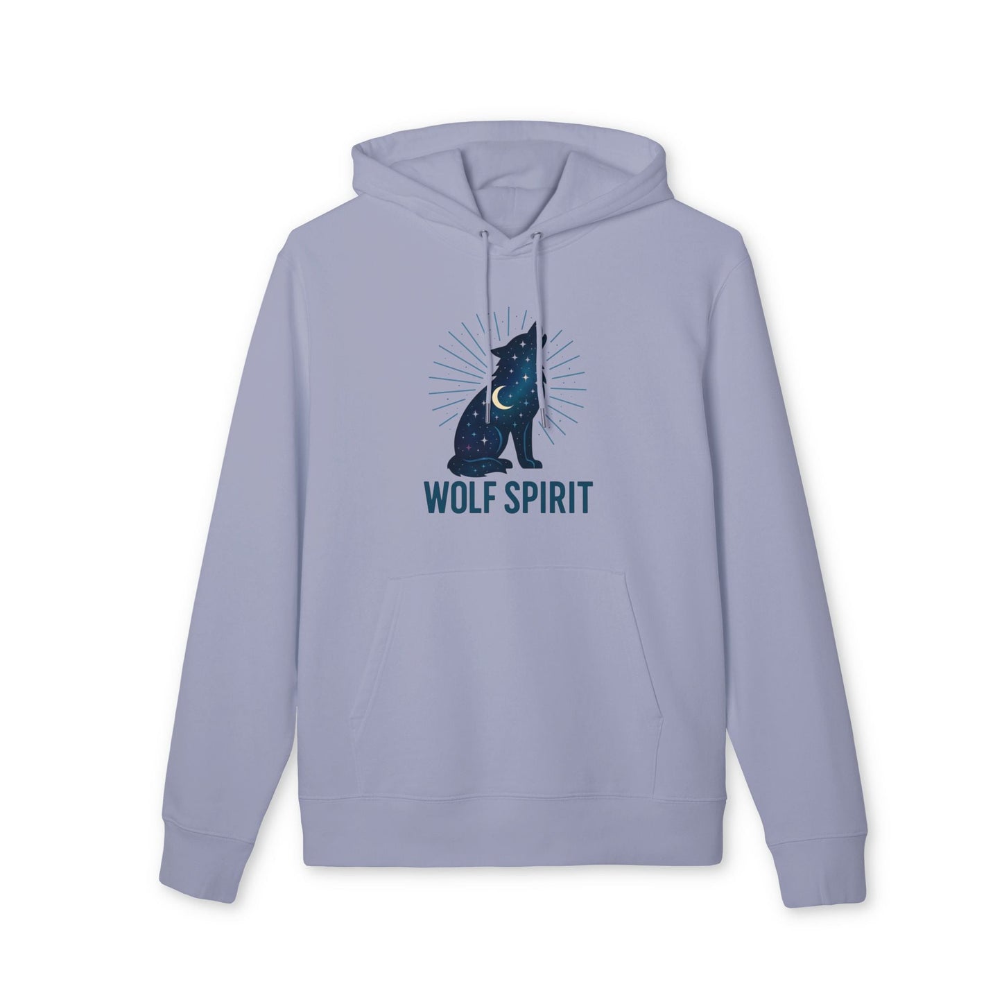 Alt Tag: Wolf Spirit Sustainable Unisex Hoodie gris claro con capucha y cordones, diseño frontal de lobo con luna y texto “WOLF SPIRIT”