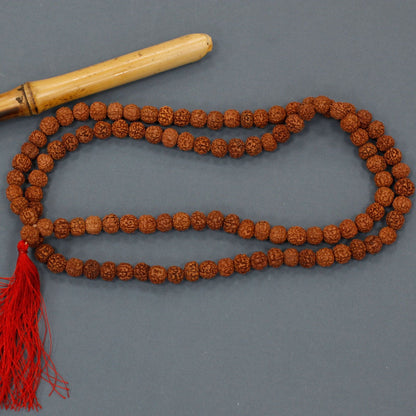 Alt Tag: Wood Bead Rudraksha Mala – 65 CM handcrafted rudraksha bead prayer necklace with red tassel