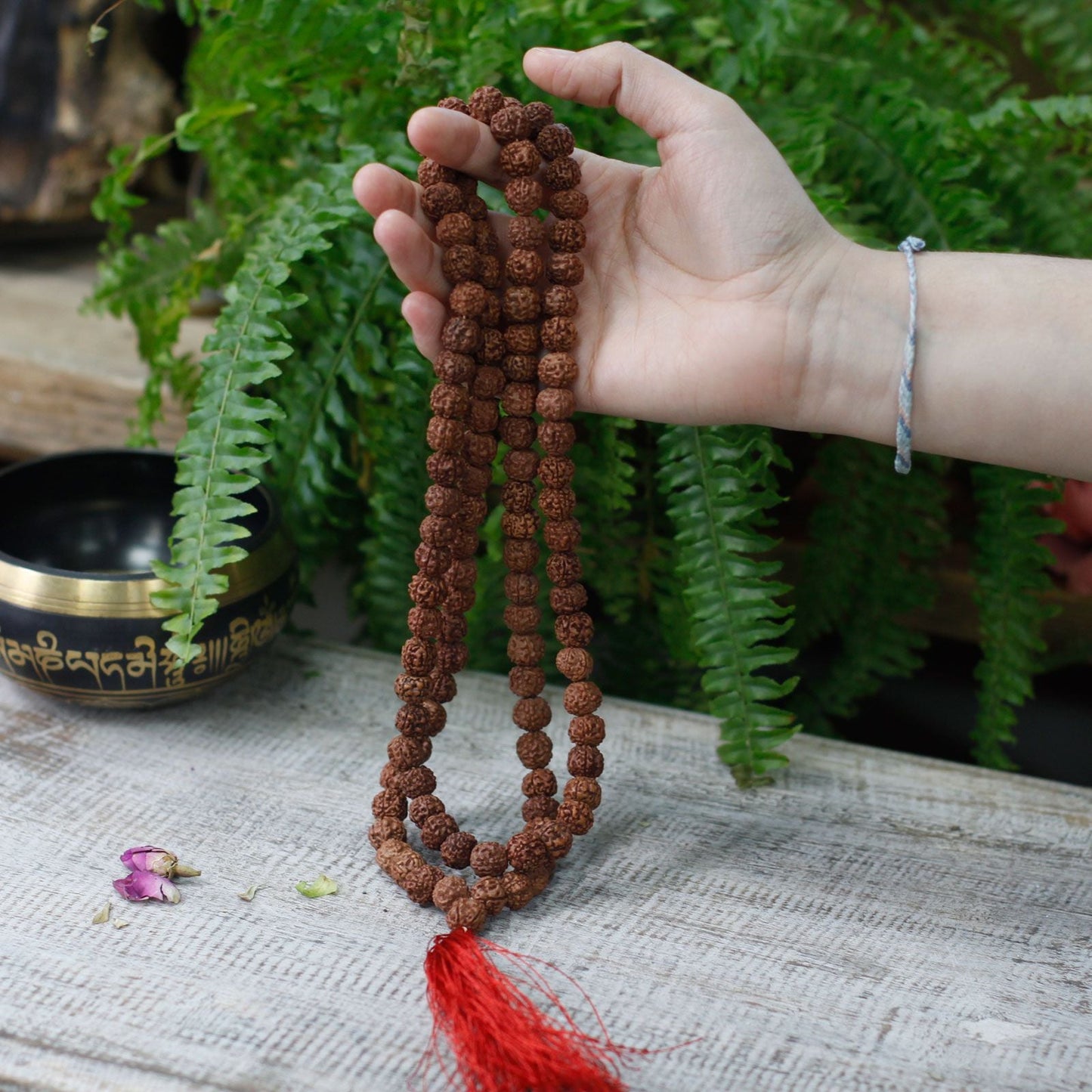 Alt Tag: Wood Bead Rudraksha Mala – 65 CM de cuentas rudraksha artesanal con borla roja, sostenida en la mano junto a planta y cuenco