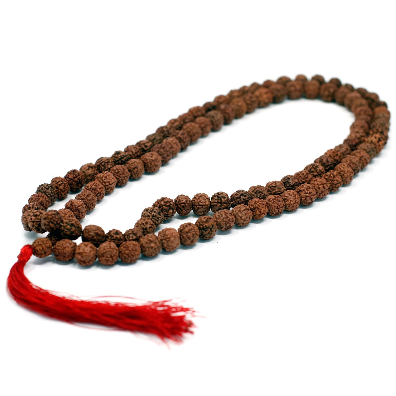 Alt Tag: Wood Bead Rudraksha Mala – 65 CM, collar de cuentas de rudraksha artesanal con borla roja para meditación