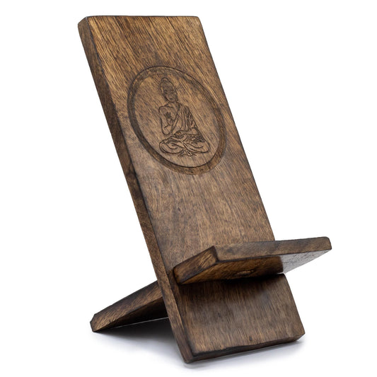 Wooden Carved Phone Stand – Buddha 20 × 9.5 CM, handmade wooden smartphone holder with carved Buddha design