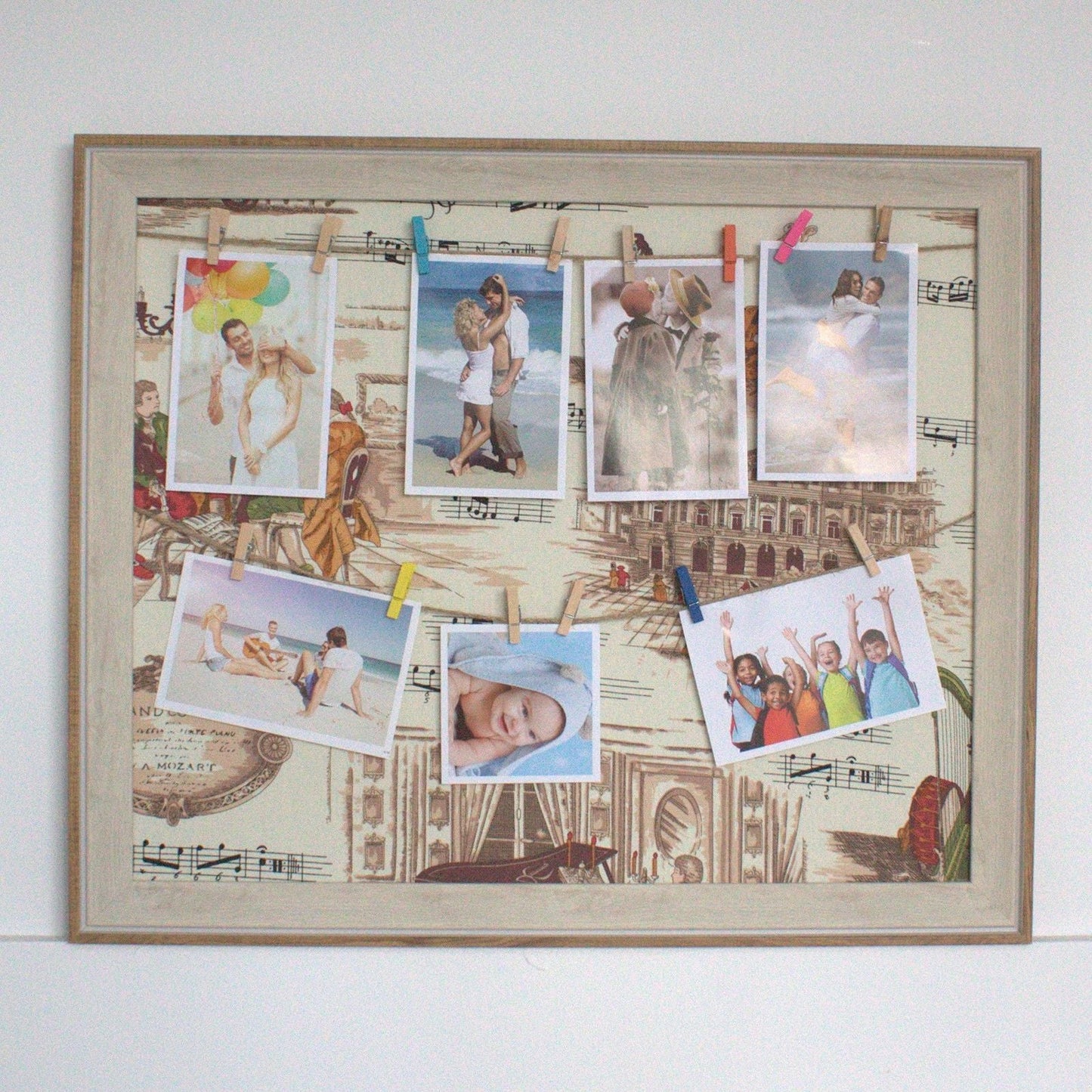 Alt Tag: Wooden DIY Peg Photo Frame – 50x60 CM with colorful pegs holding photos on a decorative backing, wall display