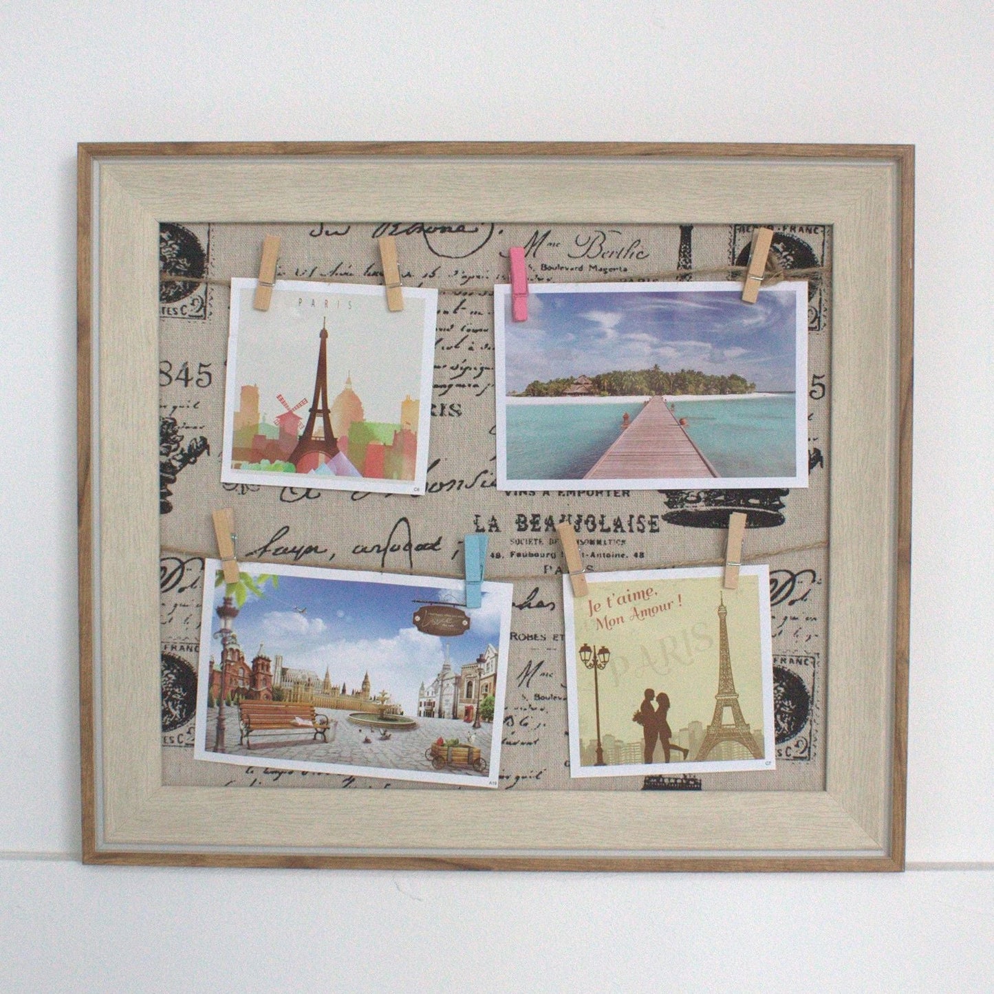 Alt Tag: Wooden DIY Peg Photo Frame – 50x60 CM with wooden border and peg clips holding photos on patterned backing