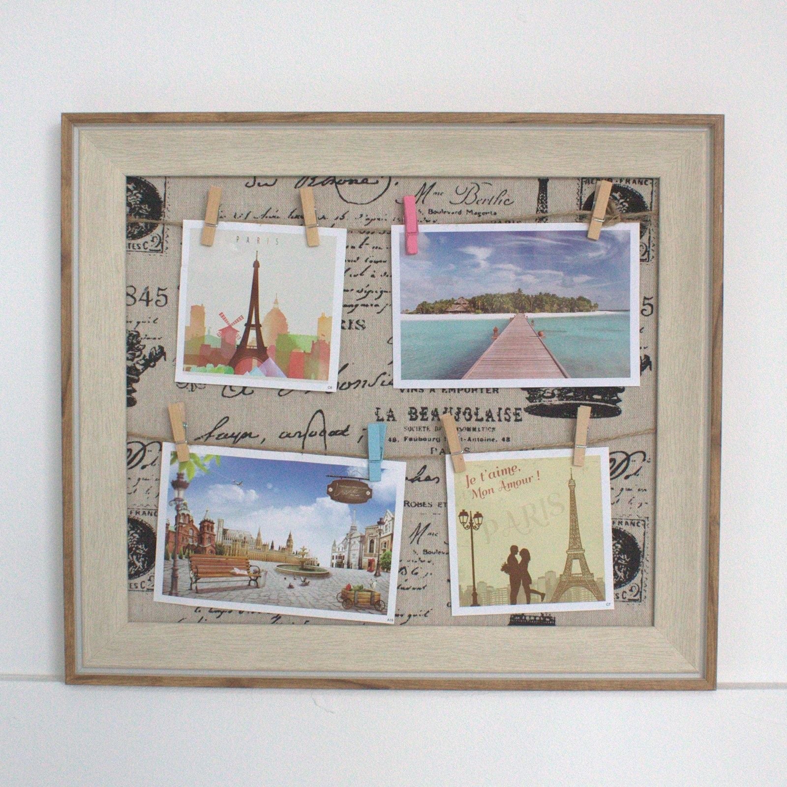 Alt Tag: Wooden DIY Peg Photo Frame – 50x60 CM with wooden border and peg clips holding photos on patterned backing