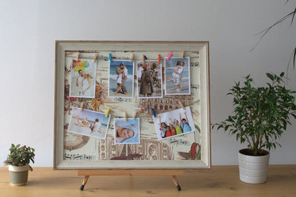 Wooden DIY Peg Photo Frame – 50x60 CM with clips displaying family photos on a tabletop easel stand