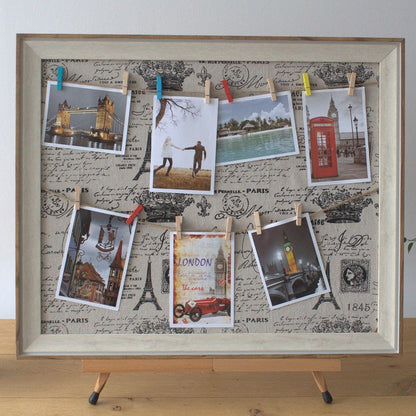 Wooden DIY Peg Photo Frame – Paris, 50x60 CM with textile canvas and mini pegs displaying photos and postcards on Paris-themed background