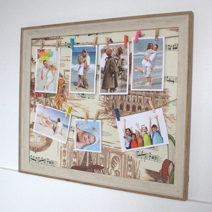 Wooden DIY Peg Photo Frame – Paris, 50x60 CM with textile canvas and mini pegs displaying photos and postcards