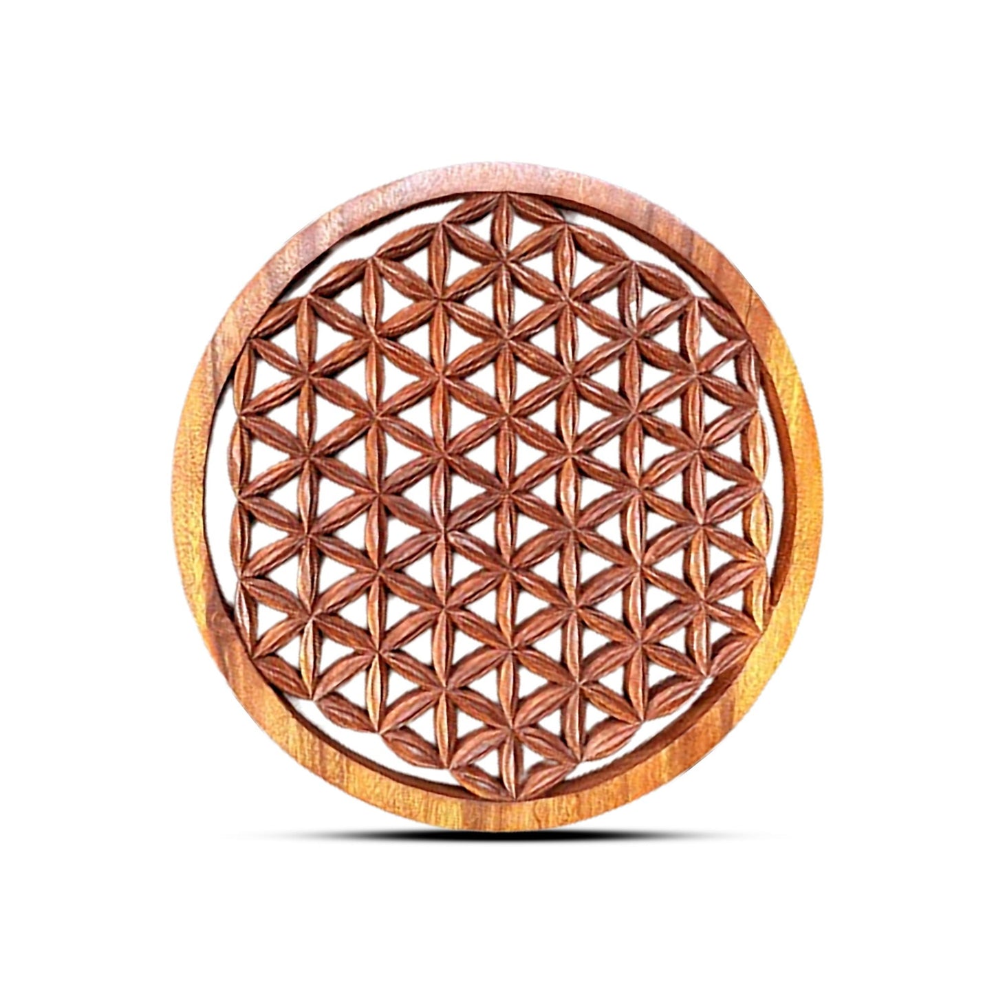 Wooden Flower of Life Panel – 40 CM, round carved wooden wall panel with sacred geometry Flower of Life pattern