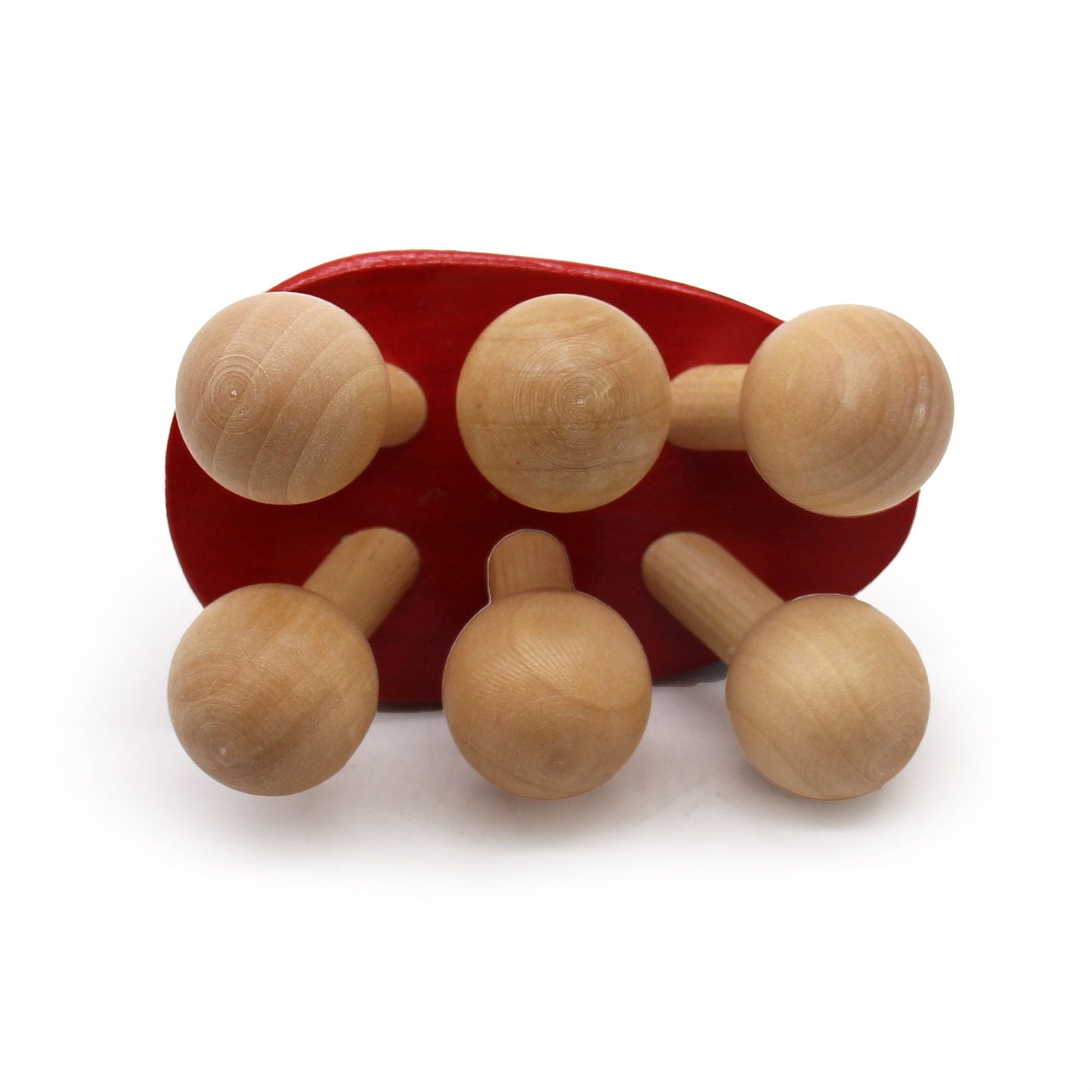 Ladybug Massager de madera con base roja y seis rodillos esféricos, vista frontal sobre fondo blanco