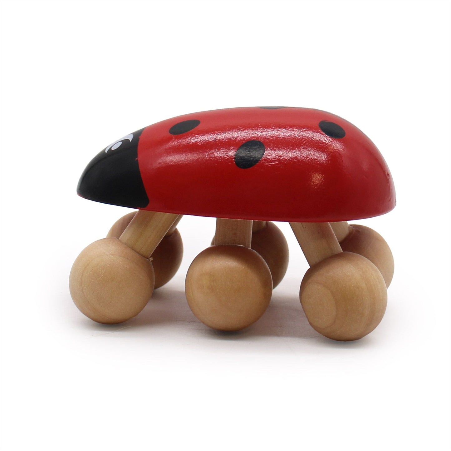 Alt Tag: Ladybug Massager wooden ladybird handheld roller with red shell and black spots on smooth wooden wheels