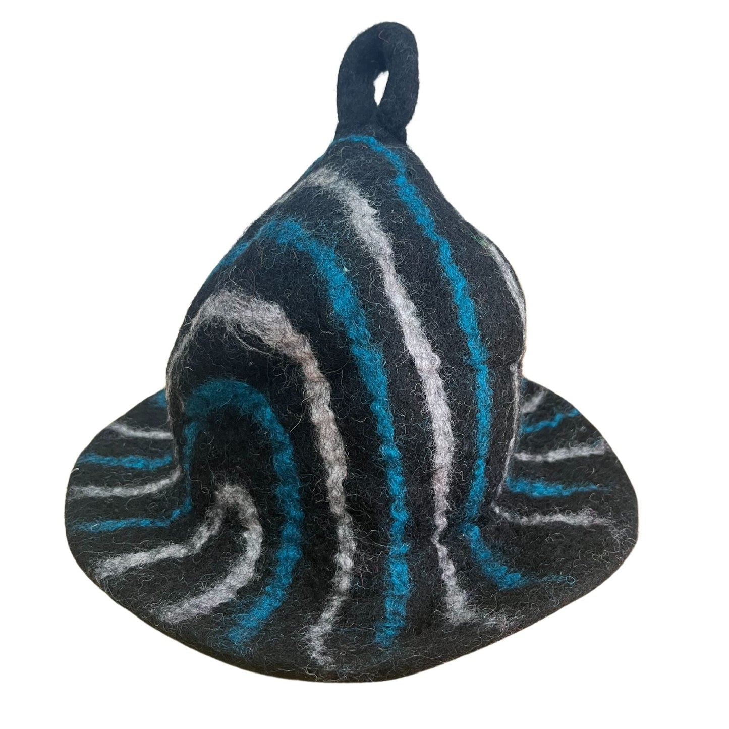 Wool Felt Sauna Hat – Black Blue Streaks, natural wool wet-felted sauna hat with loop top, 27x34 cm