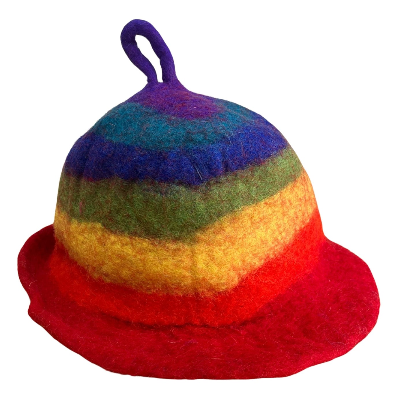 Wool Felt Sauna Hat – Rainbow 27x34 CM, gorro de sauna de fieltro de lana multicolor con asa, hecho a mano en Nepal