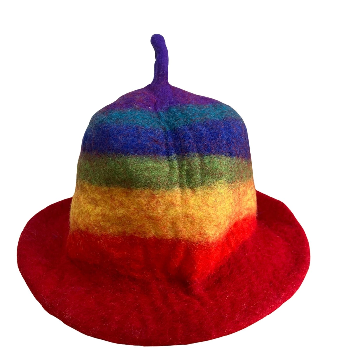 Alt Tag: Wool Felt Sauna Hat – Rainbow 27x34 CM, multicolor rainbow striped felt sauna hat with red brim and top loop