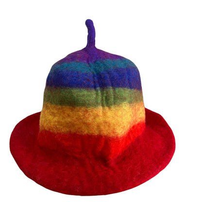Alt Tag: Wool Felt Sauna Hat – Rainbow 27x34 CM, multicolor rainbow striped felt sauna hat with red brim and top loop
