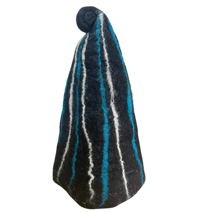 Wool Felted Sauna Wizard Hat – Black Blue Streaks, black wool felt sauna hat with blue and white streaks, pointed wizard style