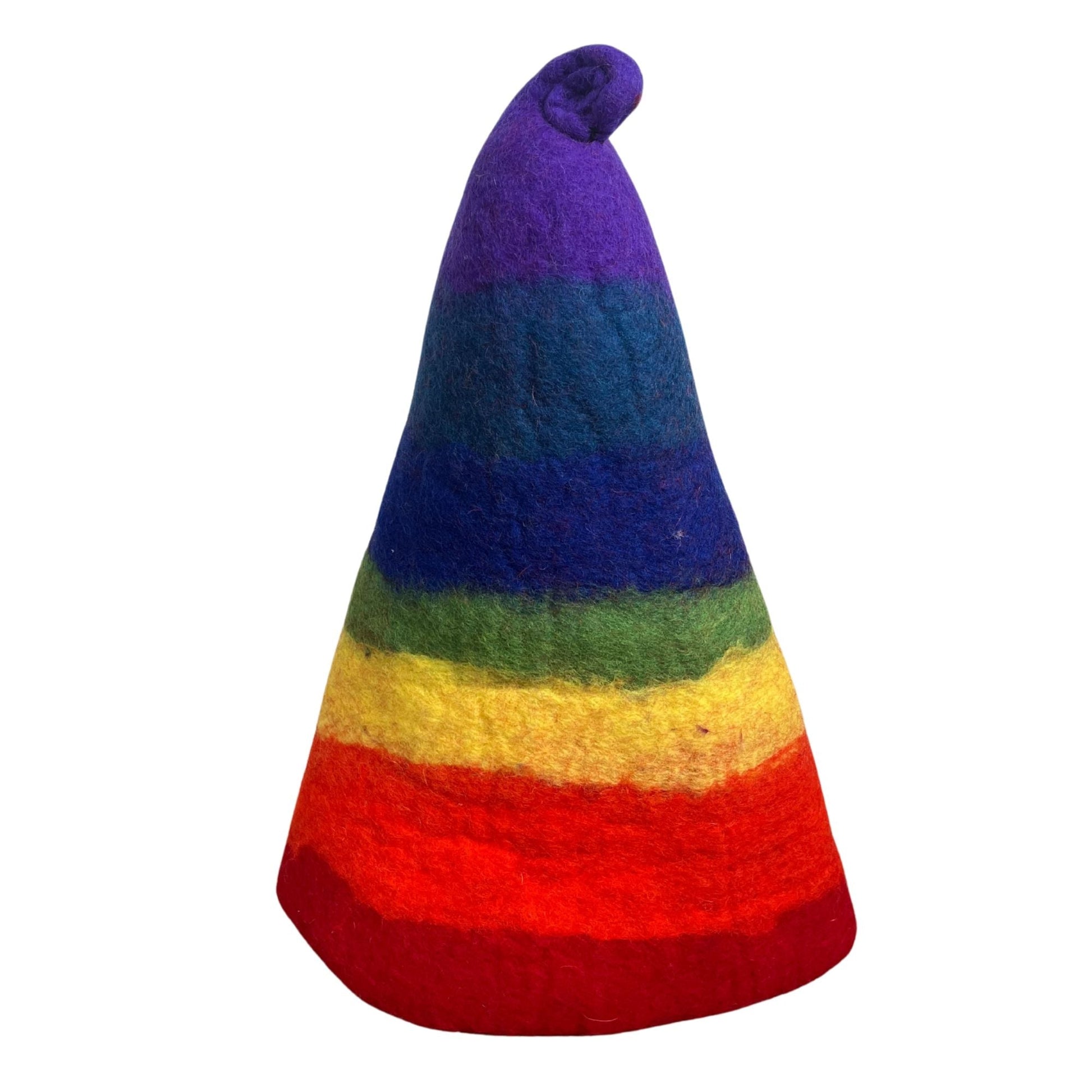 Alt Tag: Sombrero de sauna de fieltro de lana "Sauna Wizard Hat" – Rainbow, sombrero de sauna alto de fieltro con punta, con rayas arcoíris y punta rizada