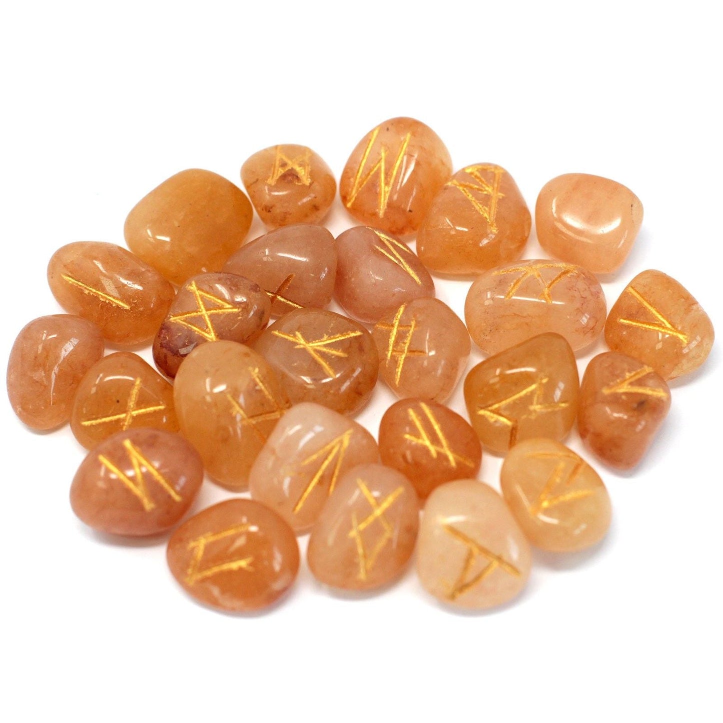 Alt Tag: Yellow Aventurine Rune Stone Set – 25 Pieces, piedras de aventurina amarilla pulidas con runas grabadas en dorado