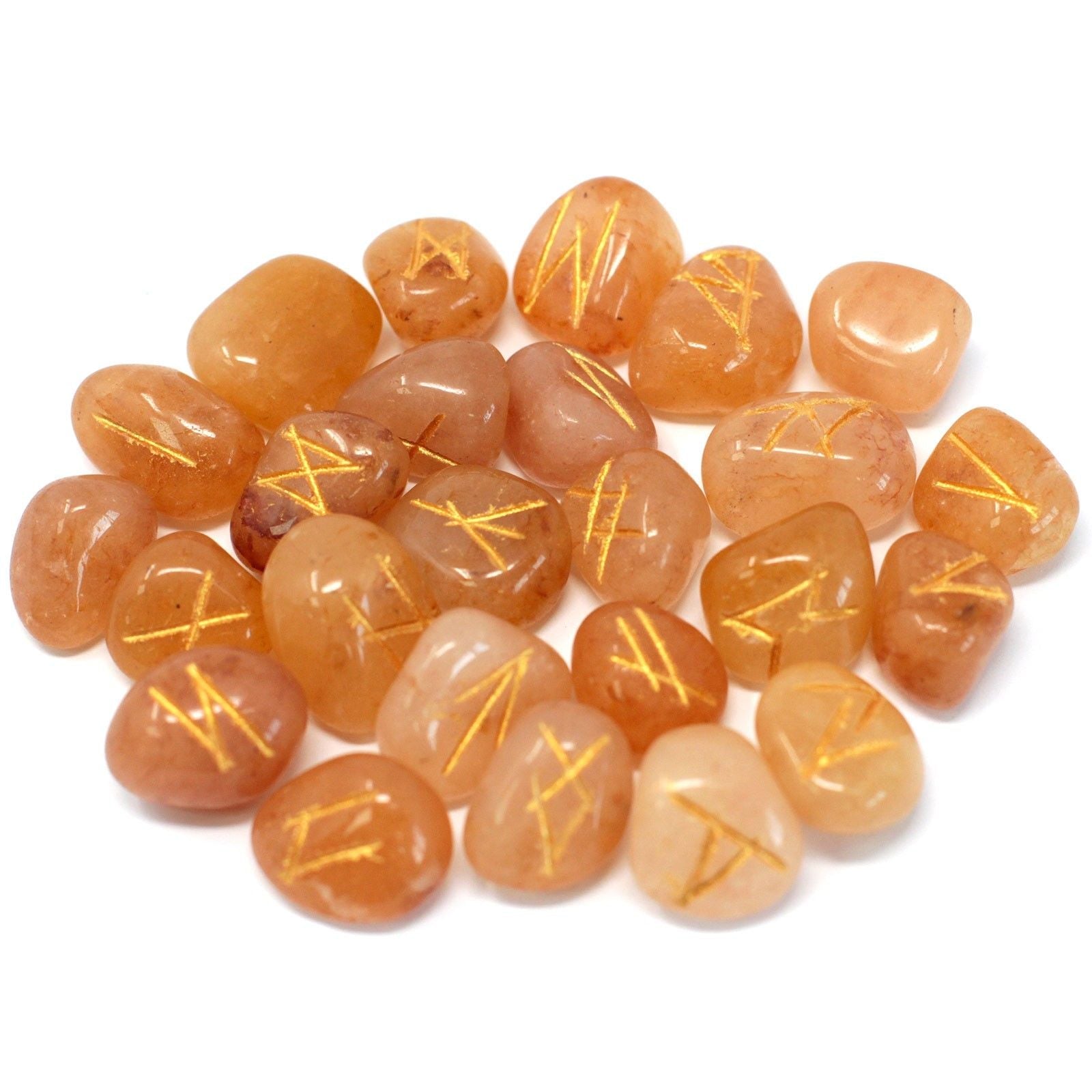Alt Tag: Yellow Aventurine Rune Stone Set – 25 Pieces, piedras de aventurina amarilla pulidas con runas grabadas en dorado