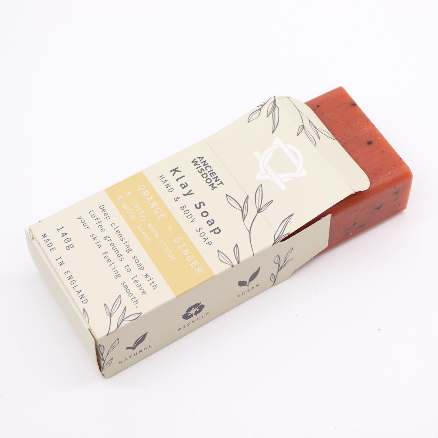 Yellow Clay Exfoliating Soap – 145G bar in box packaging with orange and ginger scent, natural clay soap with coffee grounds
