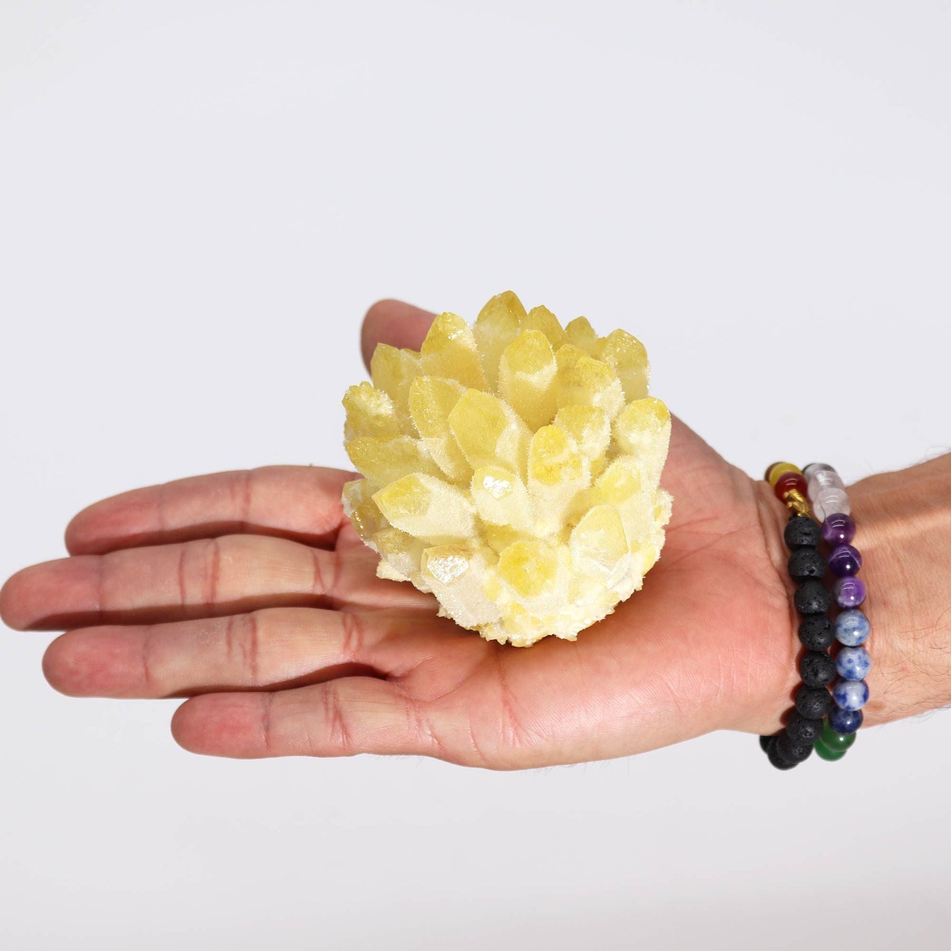 Alt Tag: Yellow Ghost Quartz Cluster – 300G 8CM held in hand, natural yellow quartz crystal cluster with pointed formations, approx 8 cm