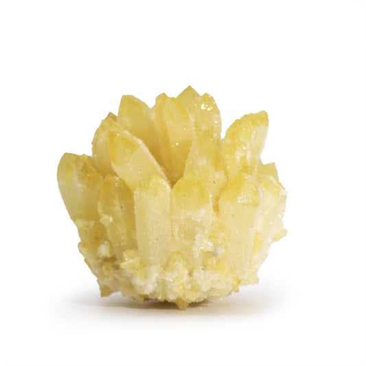 Alt Tag: Yellow Ghost Quartz Cluster – 300G 8CM, natural yellow quartz crystal cluster specimen with pointed formations on white background