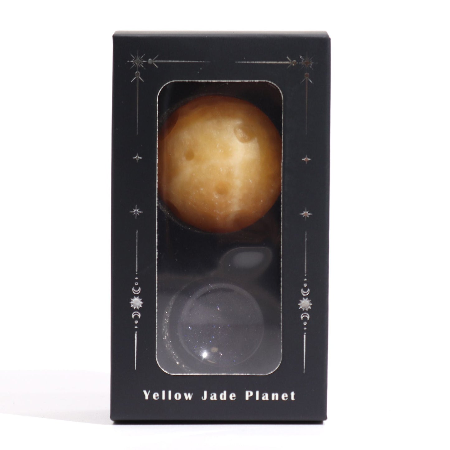 Yellow Jade Gemstone Sphere – 40MM Solar Goldstone Stand in display box, yellow jade sphere and sparkling goldstone stand