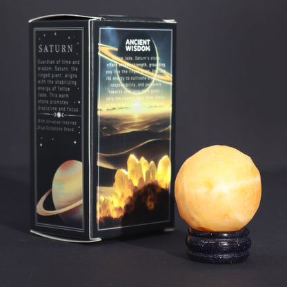 Alt Tag: Yellow Jade Gemstone Sphere – 40MM Solar Goldstone Stand with saturn-themed gift box and sparkling goldstone base