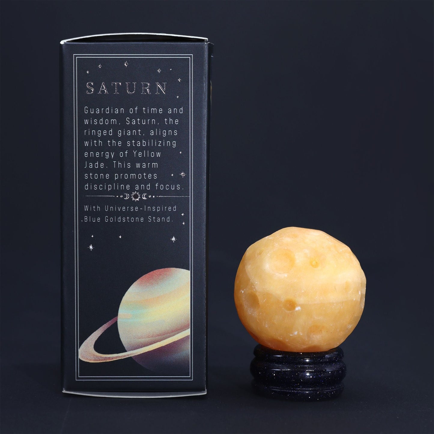 Alt Tag: Yellow Jade Gemstone Sphere – 40MM Solar Goldstone Stand with Saturn-themed gift box and solar goldstone stand