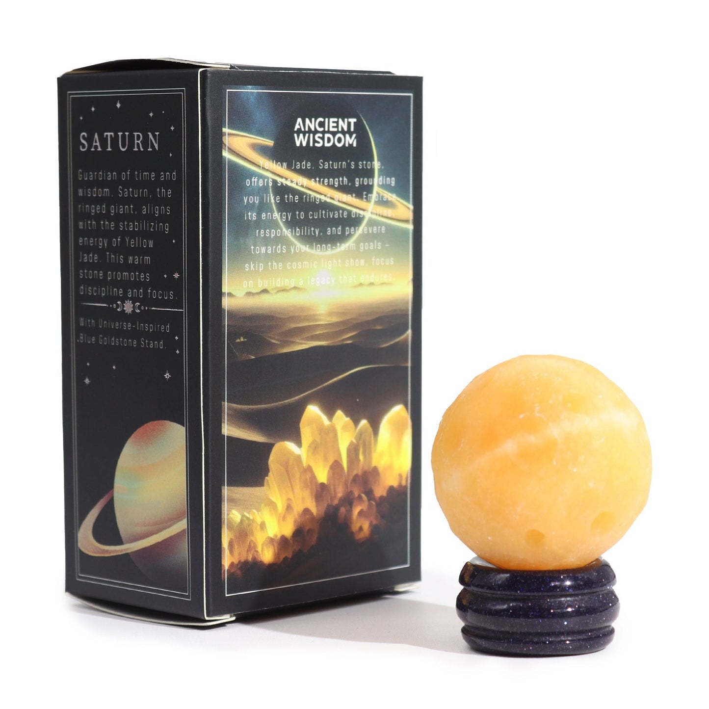 Alt Tag: Yellow Jade Gemstone Sphere – 40MM Solar Goldstone Stand with gift box, yellow jade ball on sparkling solar goldstone base