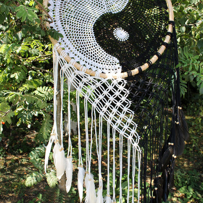 Yin Yang Bali Dreamcatcher – Extra Large 50 CM svartvit makramédrömfångare med fjädrar, 50 cm ring