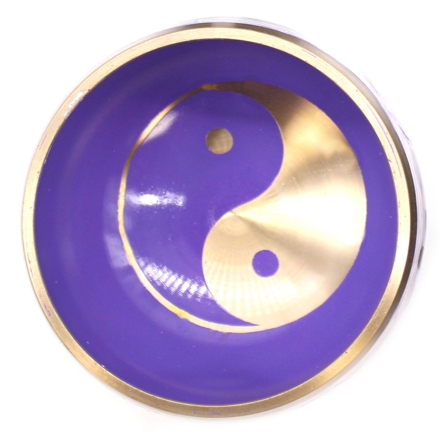 Yin & Yang-klangskålset – Vit/Lila – 10.7 CM, handgjord tibetansk skål med lila insida och gyllene Yin Yang-symbol