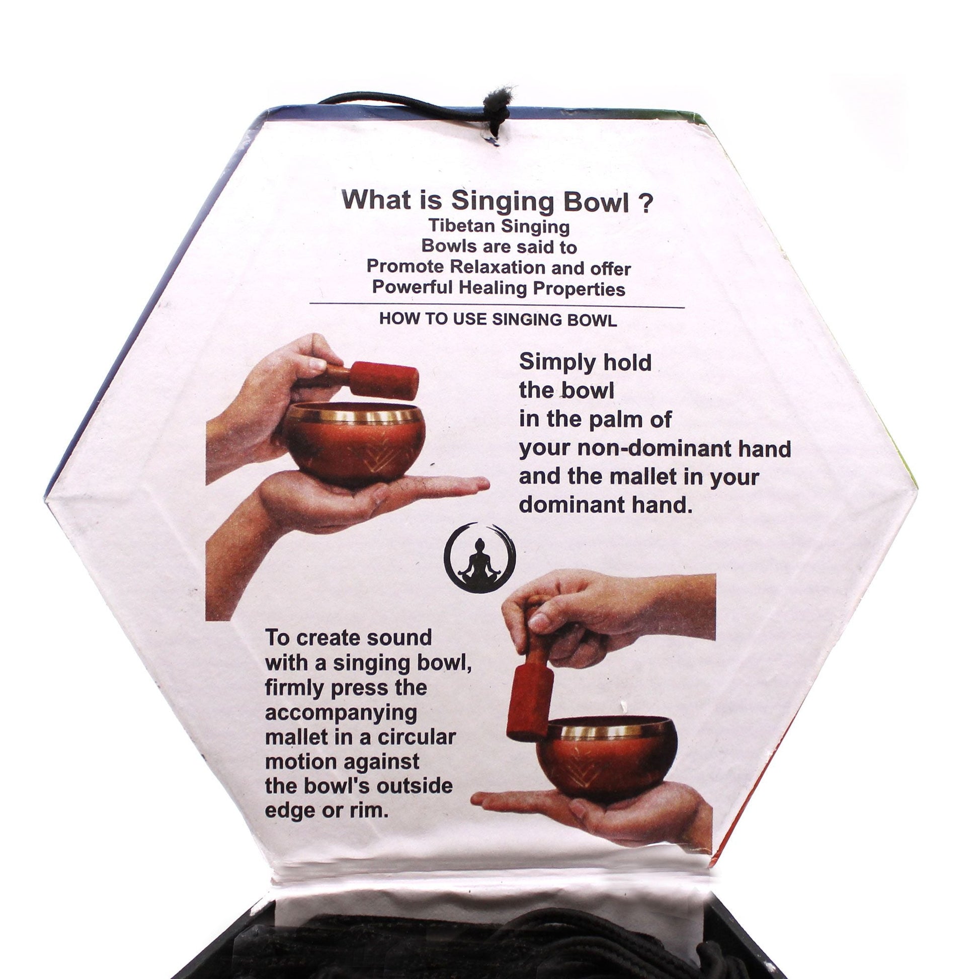 Alt Tag: Yin & Yang Singing Bowl Set – Vit/Lila – 10.7 CM instruktionskort som visar hur du håller skålen och använder klubban