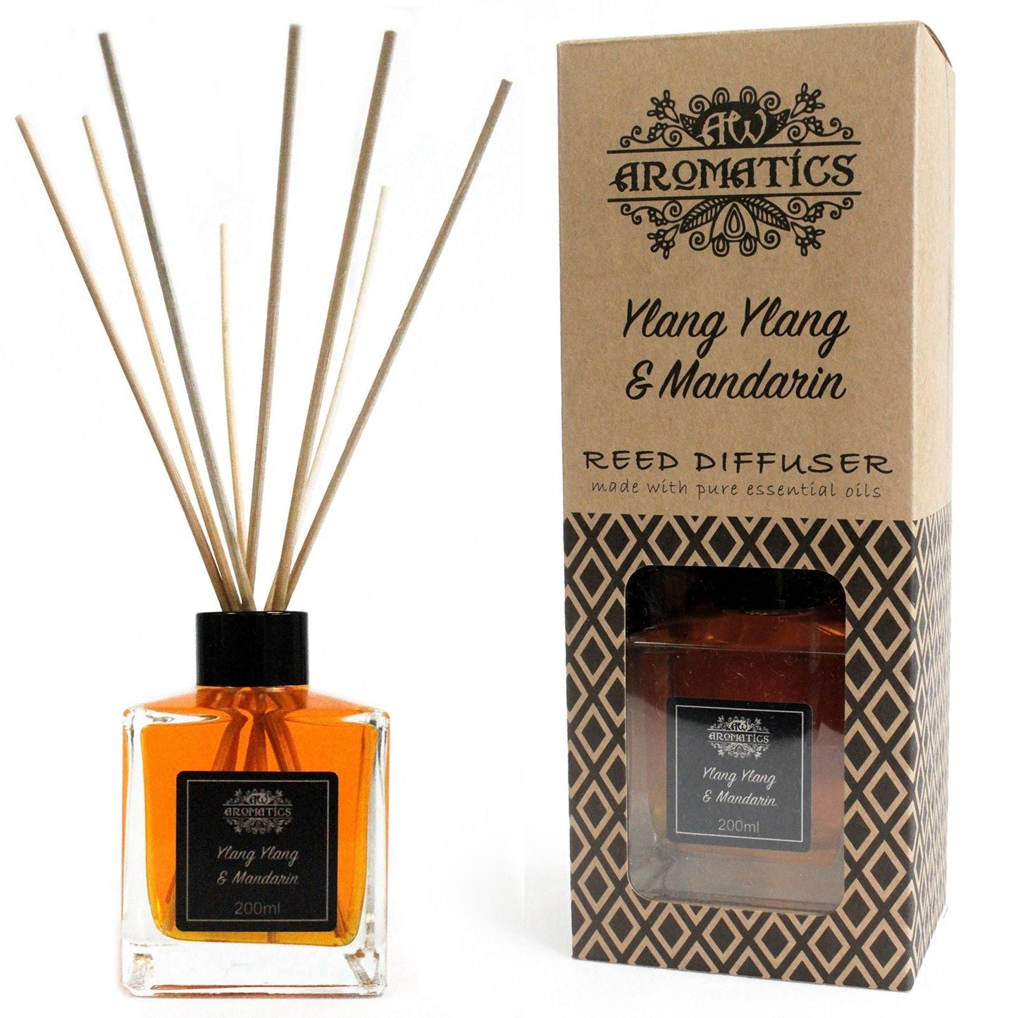 Ylang Ylang & Mandarin doftdiffusor med doftpinnar – 200 ML i glasflaska med pinnar och Aromatics-box, doft av ylang ylang och mandarin