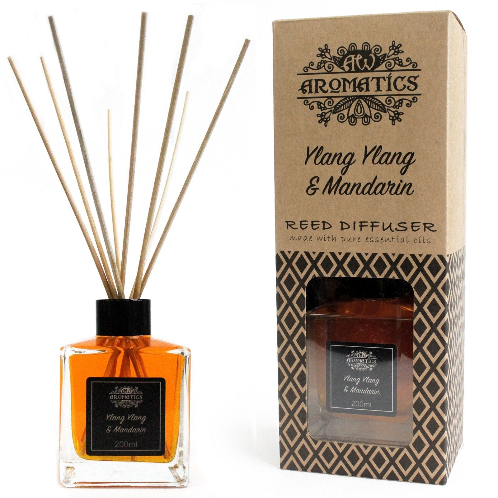 Ylang Ylang & Mandarin doftdiffusor med doftpinnar – 200 ML i glasflaska med pinnar och Aromatics-box, doft av ylang ylang och mandarin