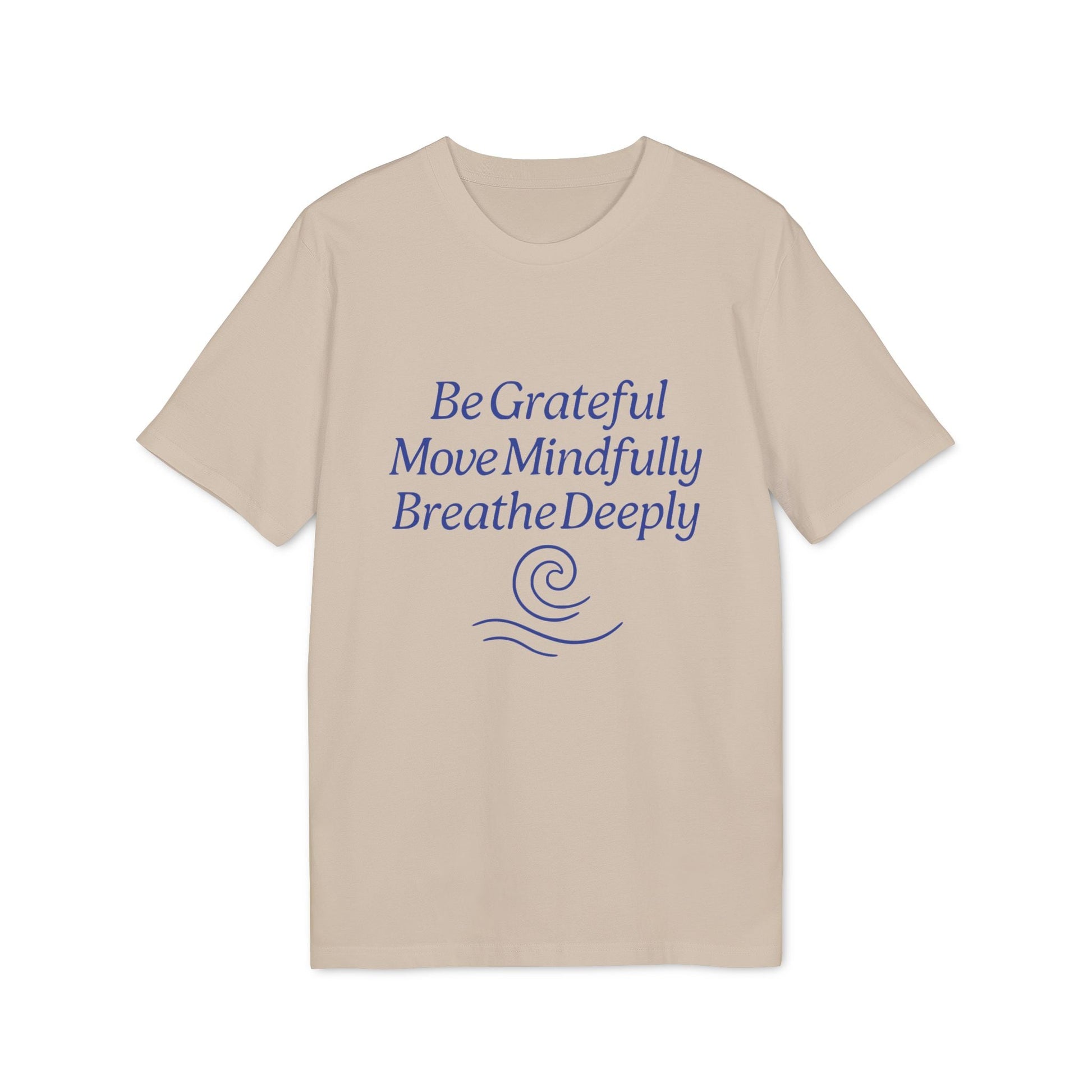 Yoga 100% Organic Cotton T-Shirt beige tee with blue BeGrateful MoveMindfully BreatheDeeply text graphic